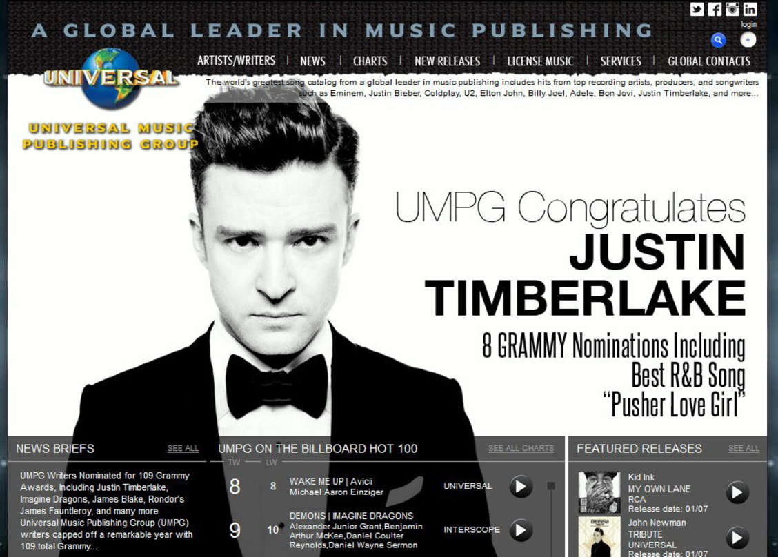 Geht mit 109 Nominierungen ins Grammy-Rennen, kann aber auch einen neuen Pandora-Deal verweisen: Die Universal Music Publishing Group