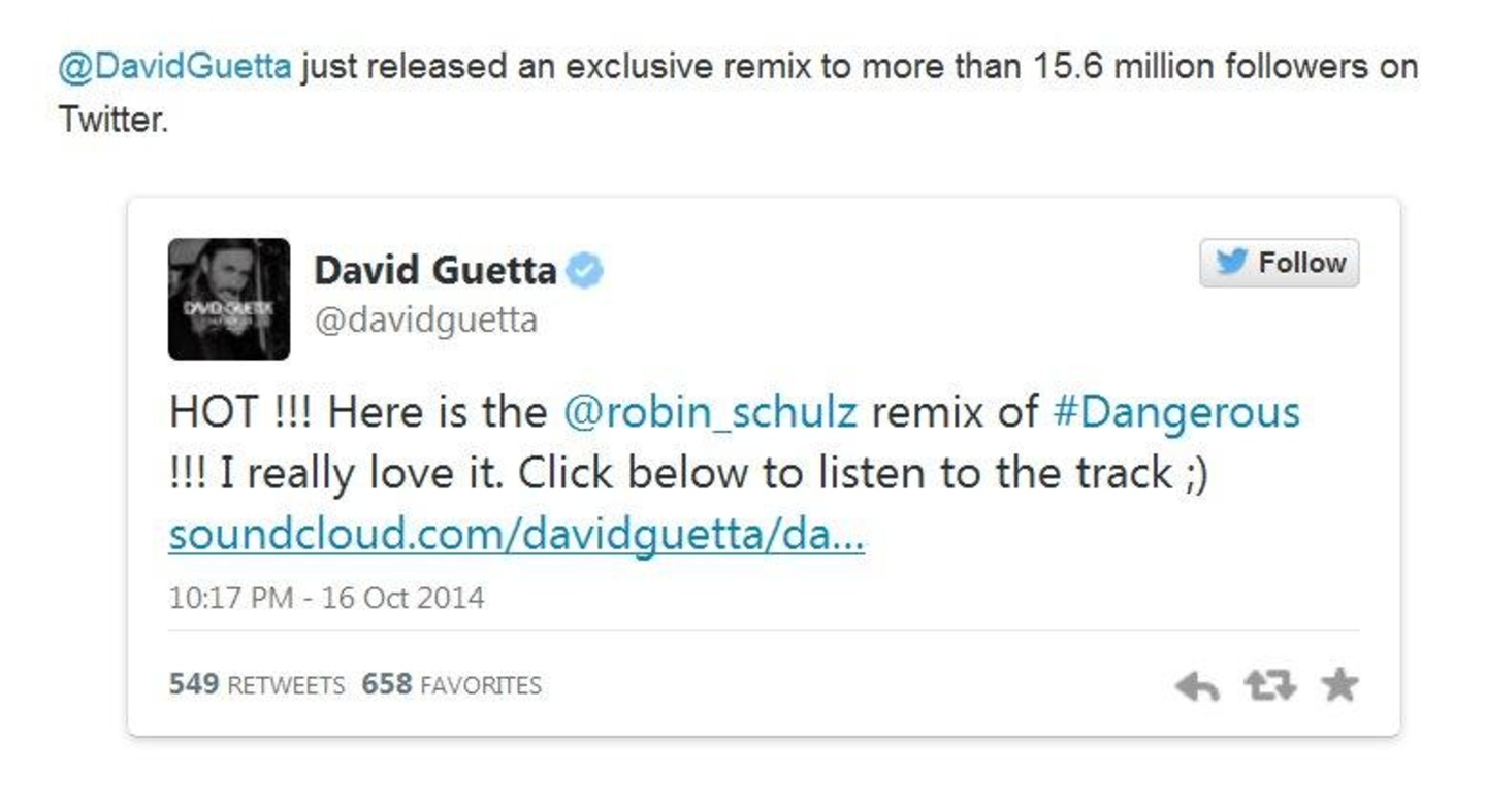 Prominente Promotionmaßnahme: David Guetta nutzte die Einführung der Twitter Audio Card, um seinen rund 15,6 Millionen Twitter-Fans einen von Robin Schulz angefertigten Remix des Songs "Da...