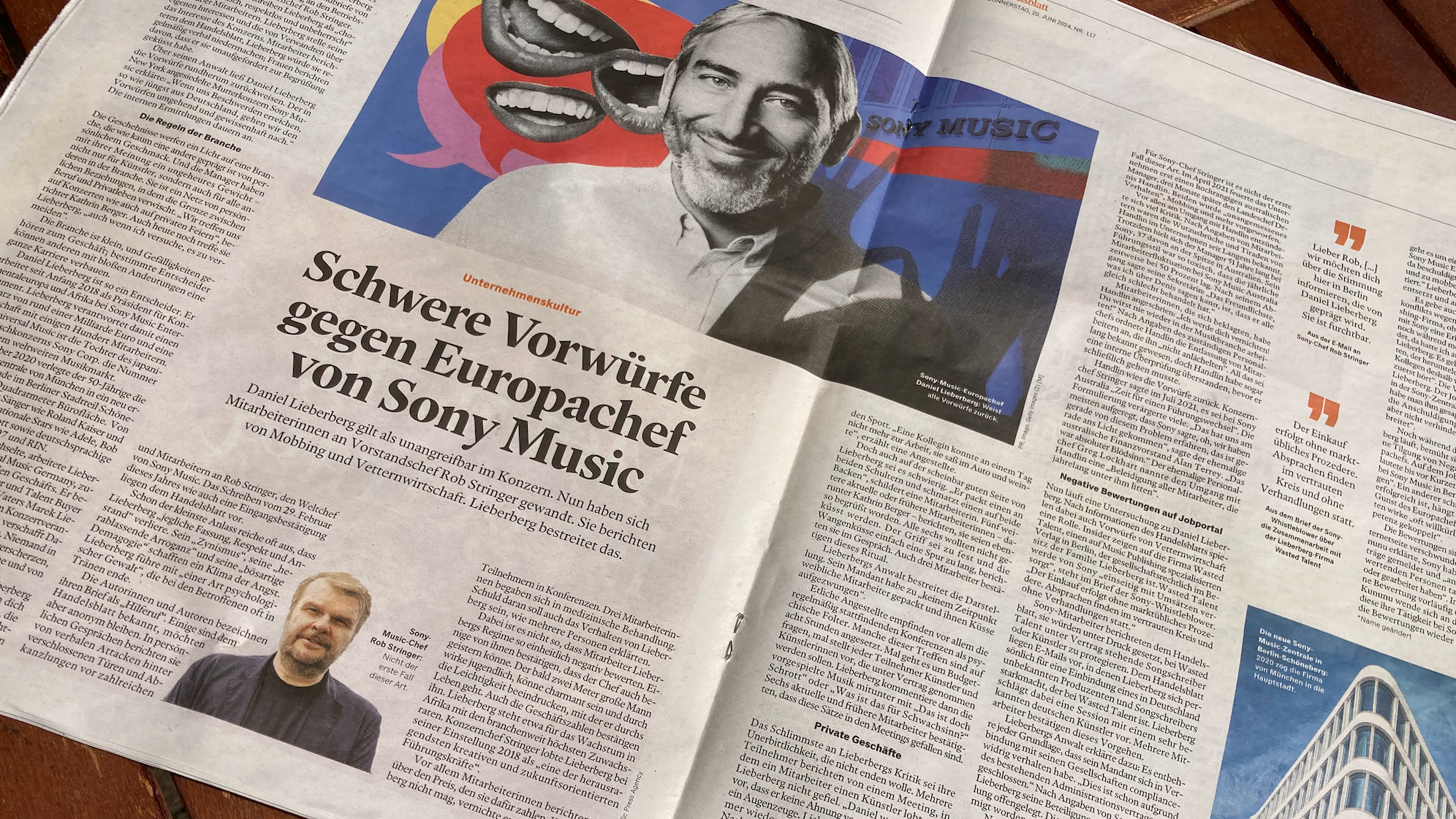 Macht Vorwürfe in Sachen Unternehmenskultur und Führungsstil gegen Daniel Lieberberg, President Continental Europe & Africa Sony Music., publik: das "Handelsblatt" vom 20. Juni 2024