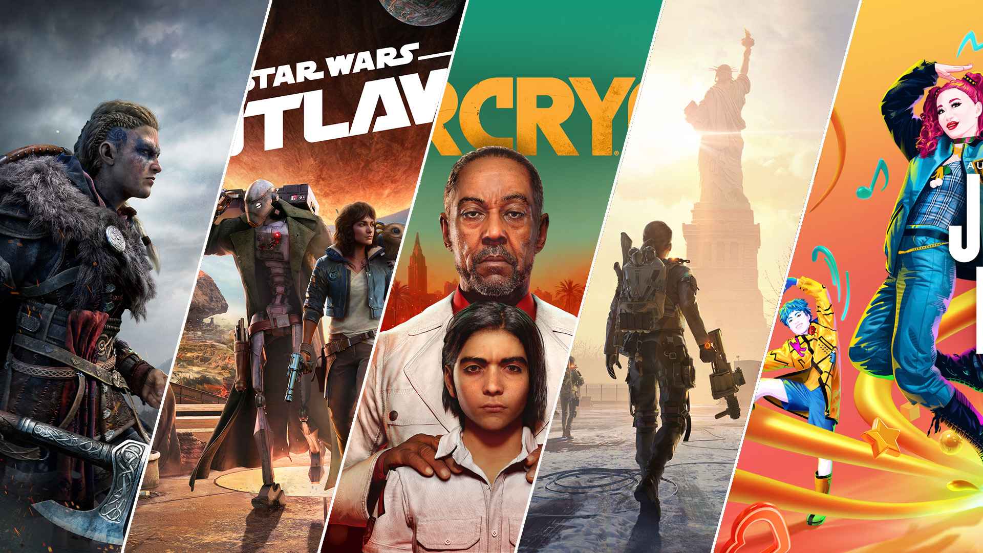 Ubisoft bringt unter anderem Spiele der Marken Assassin's Creed, StarWars, Far Cry, Tom Clancy's und Just Dance (v.l.n.r.) heraus