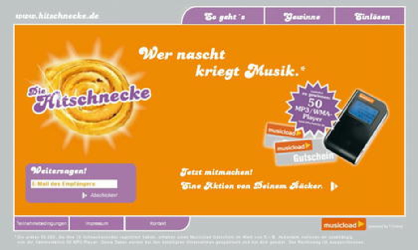 Schnittstelle zwischen Bäckerei und Downloadshop: die Homepage der "Hitschnecke"