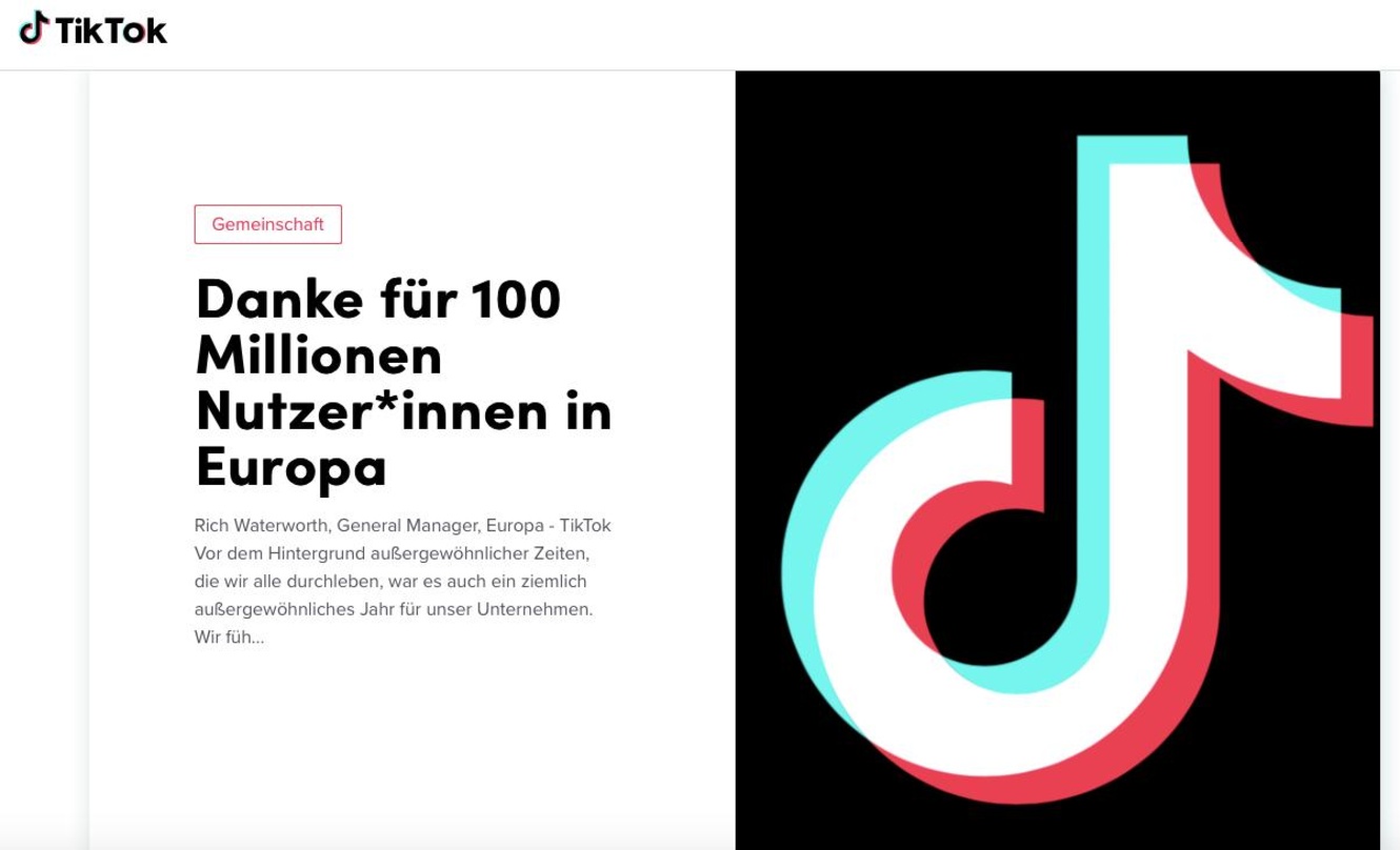 100 Millionen MAUs: TikTok gab erstmals eine Zahl der monatlich aktiven Nutzer in Europa bekannt