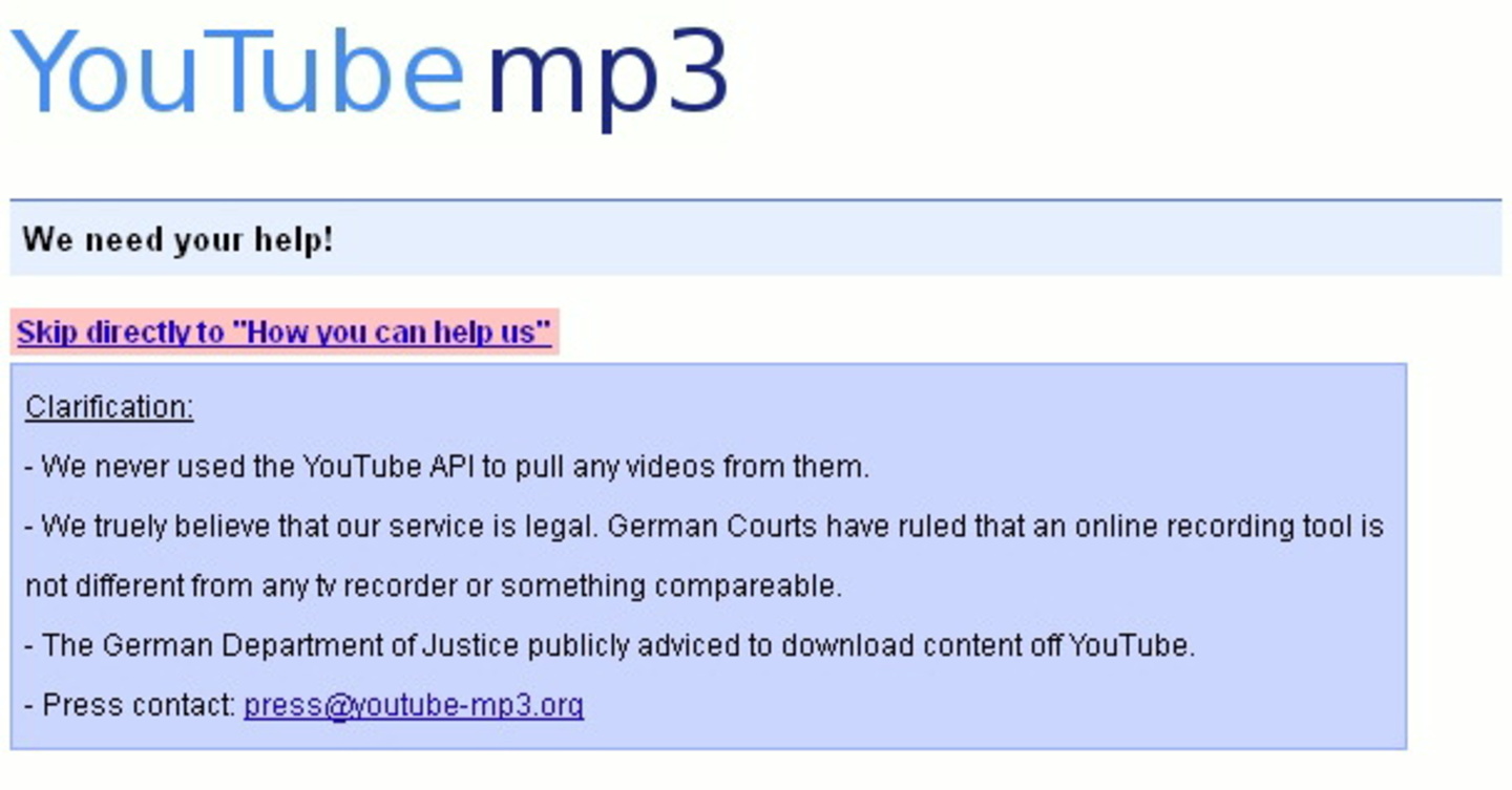 Rufen ihre Nutzer zur Hilfe auf: Die Betreiber von YouTube-MP3.org