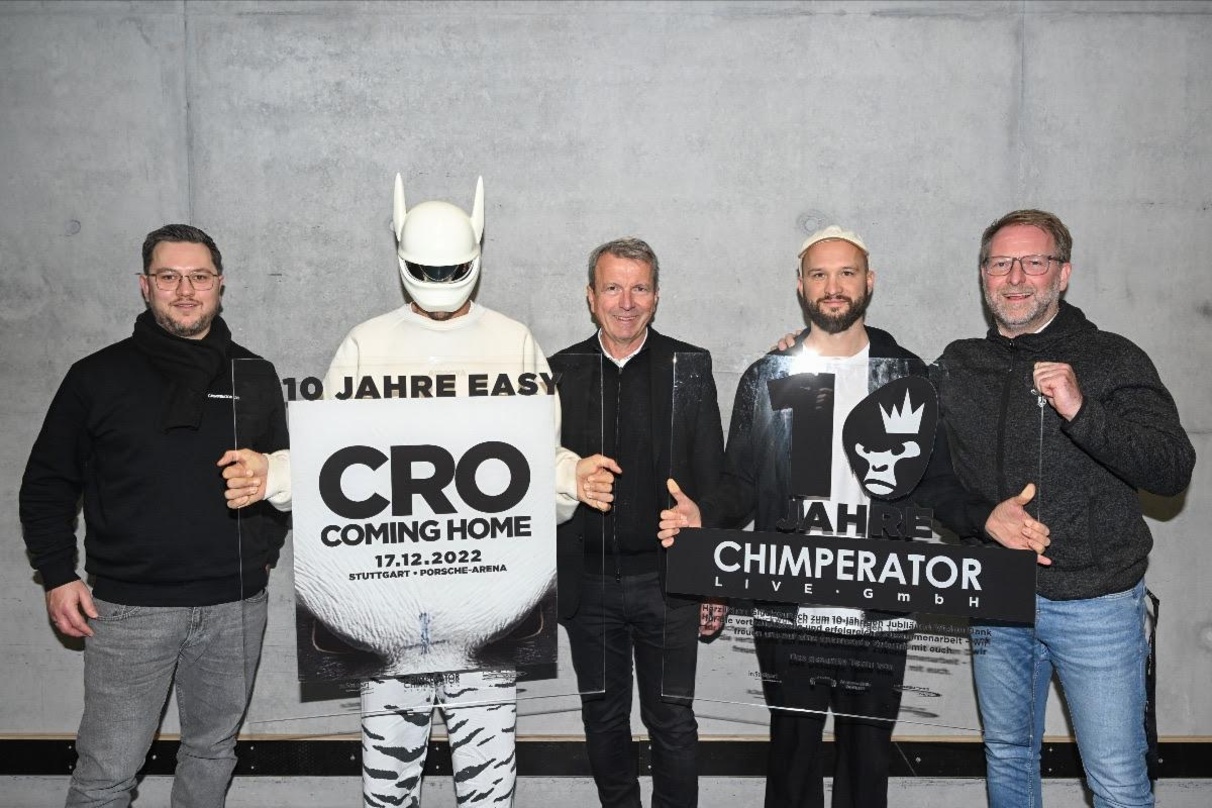 Vertraute Partner (von links): Matthias Mettmann (Chimperator Live), Cro, Andreas Kroll (in.Stuttgart), Steffen Posner (Chimperator Live) und René Otterbein (in.Stuttgart)
