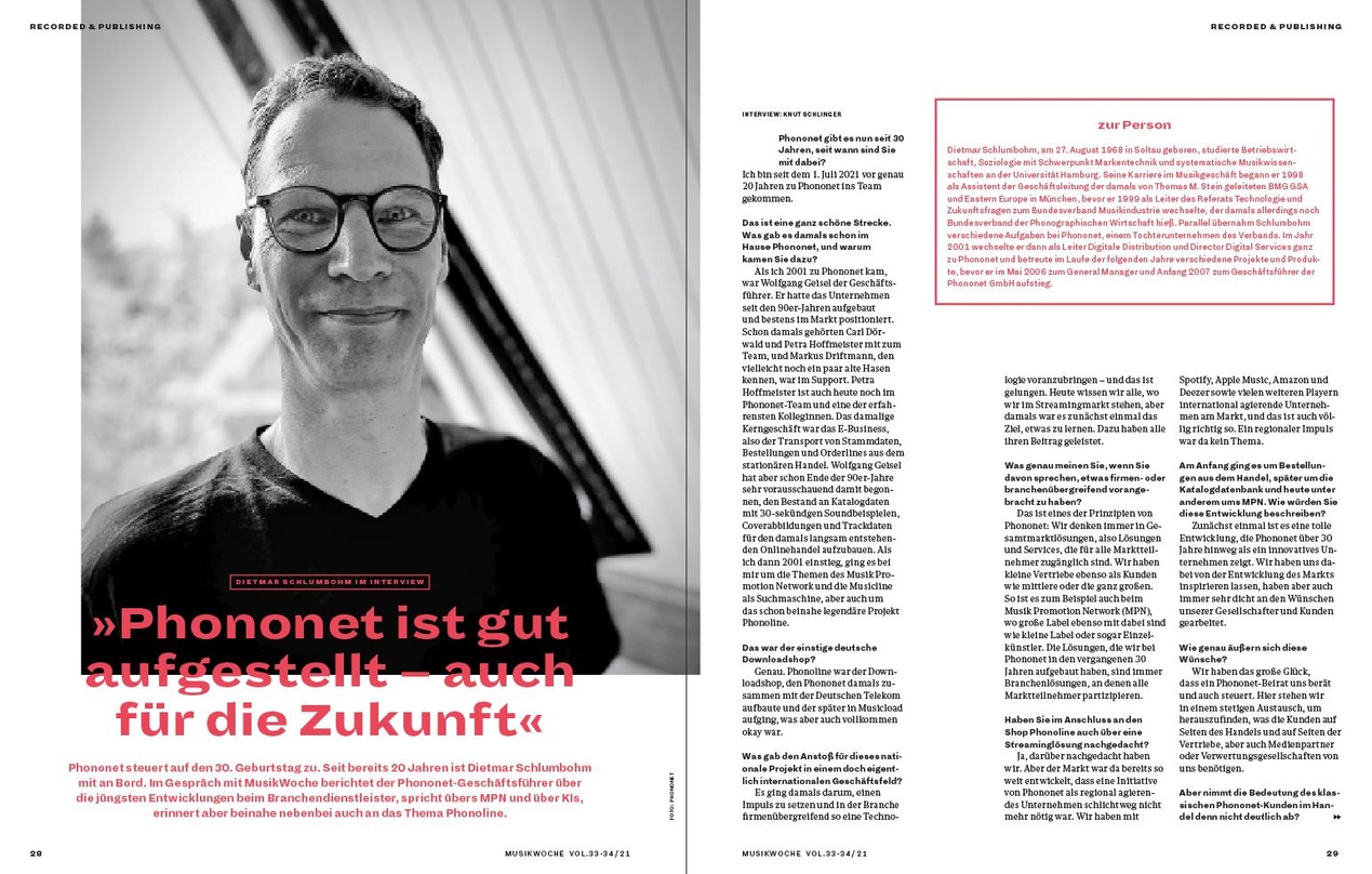 30 Jahre Phononet, 20 Jahre unter seiner Leitung: Dietmar Schlumbohm analysiert im Gespräch mit MusikWoche die Entwicklung der BVMI-Tochtergesellschaft