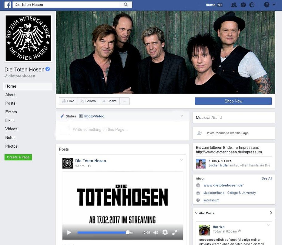 An Tagen wie diesen: Die Toten Hosen machen ihren Katalog über Streamingdienste verfügbar und machen den Schritt unter anderem mit einem Videoclip auf ihrer Facebook-Seite bekannt