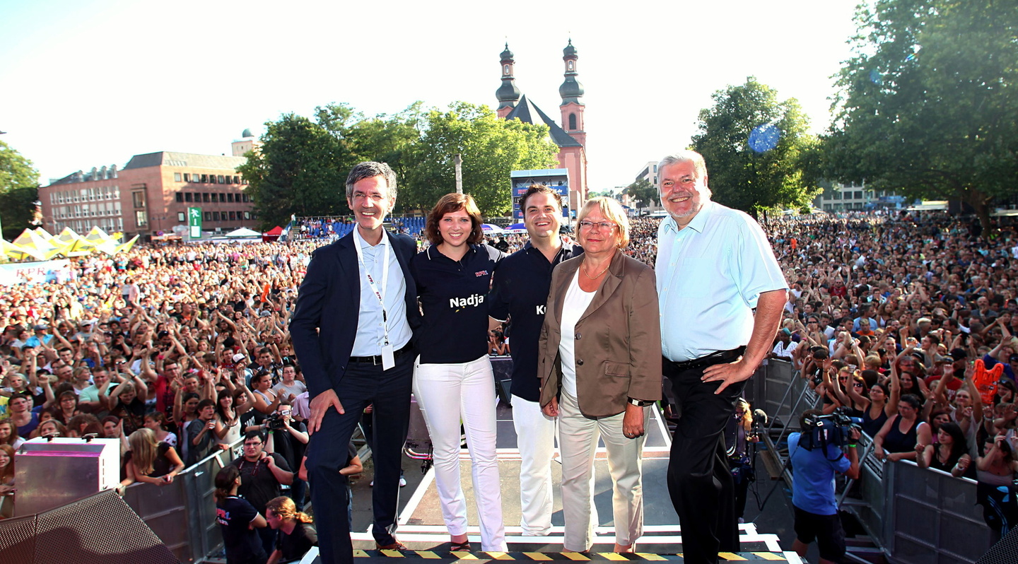 Feierten ein erfolgreiches Festival (von links): RPR1.- und bigFM-Geschäftsführer Kristian Kropp, die RPR1.-Moderatoren Nadja Gontermann und Andreas Kunz, die stellvertretende Landtagspräs...