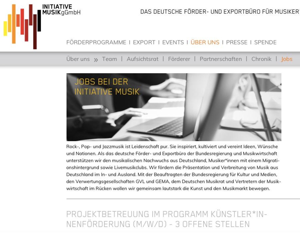 Neue Jobs zu vergeben: bei der Initiative Musik sucht man derzeit Mitarbeiter für die Betreuung von bis zu 120 Förderprojekten im Zusammenhang mit dem Investitionsprogramm Neustart Kultur