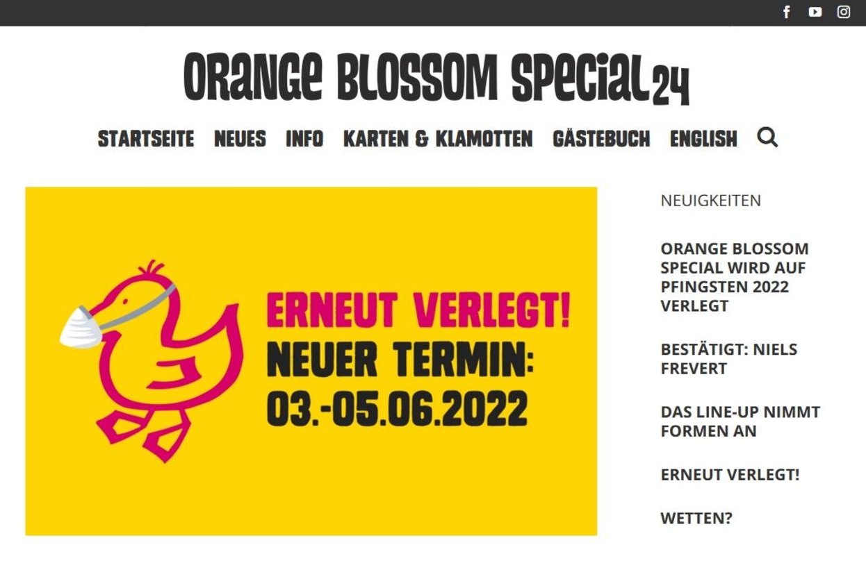 "Die Ente ist nah": angesichts der Unsicherheiten im Kulturbetrieb ziehen die Veranstalter des Orange Blossom Specials für 2021 den Stecker, und peilen nun für Pfingsten 2022 einen neuen A...