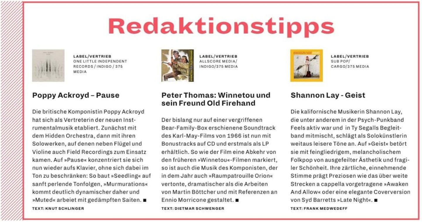 Die Empfehlungen der Redaktion: Poppy Ackroyd, Peter Thomas und Shannon Lay