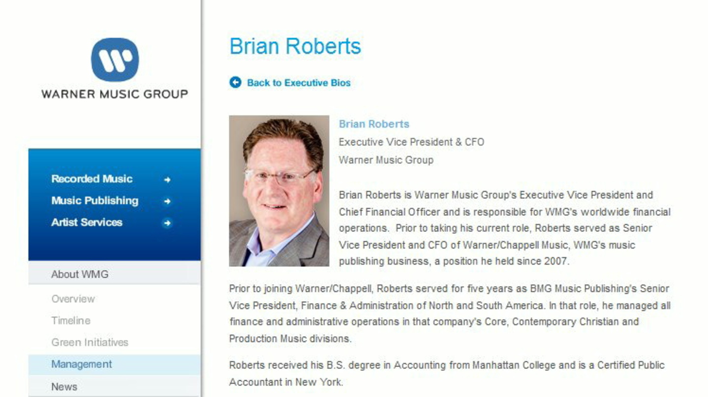 Kehrt Warner Music den Rücken: CFO Brian Roberts