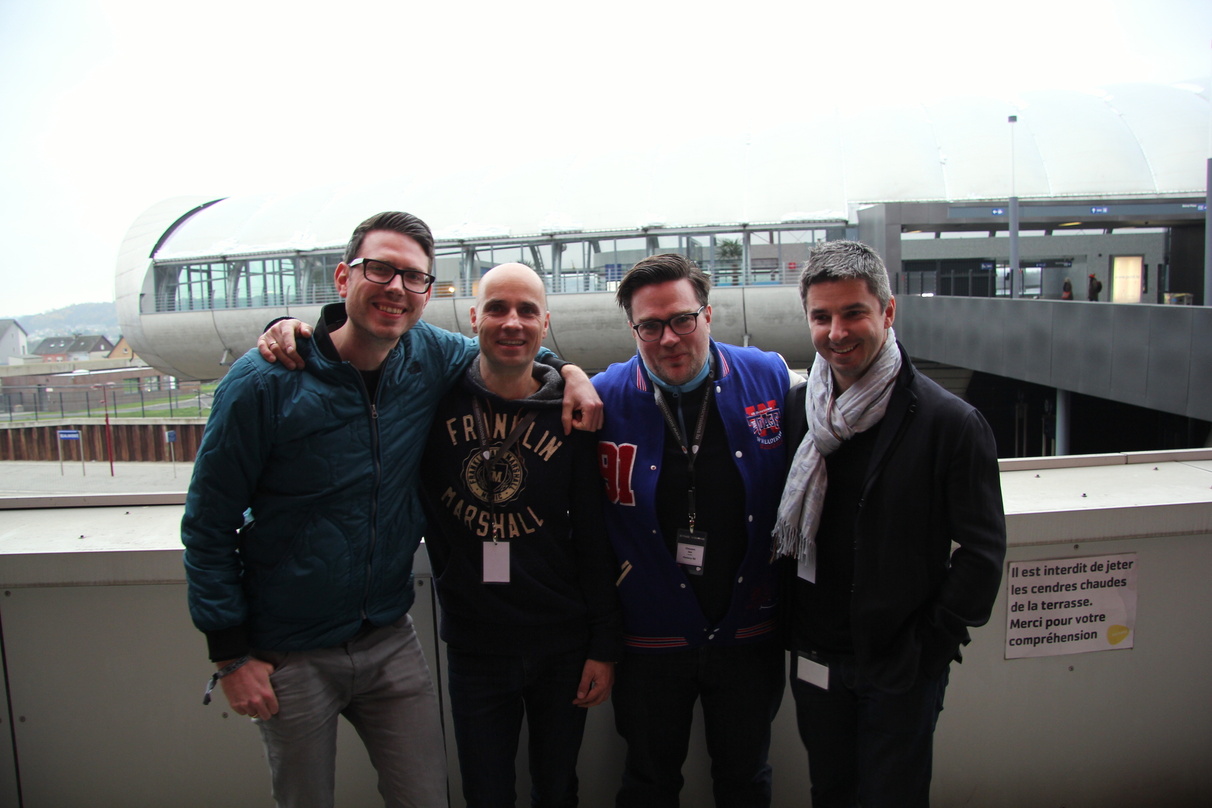 Die Luxemburger Veranstalter mit ihren deutschen PRPartnern (von links): Christian Hald Buhl (Factory 92), Thomas Roschek (Rockhal), Jan Clausen (Factory 92) und Olivier Toth (Rockhal)