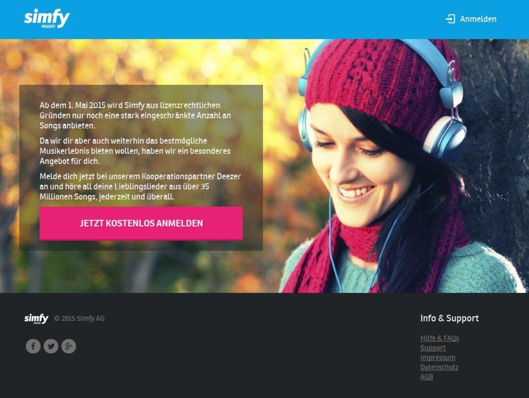 Frostiger Platzhalter: Während auf der Startseite von Simfy bereits auf den "Kooperationspartner Deezer" verwiesen wird, stehen einen Klick weiter noch Infos zum Simfy-Musikabo bereit, nic...