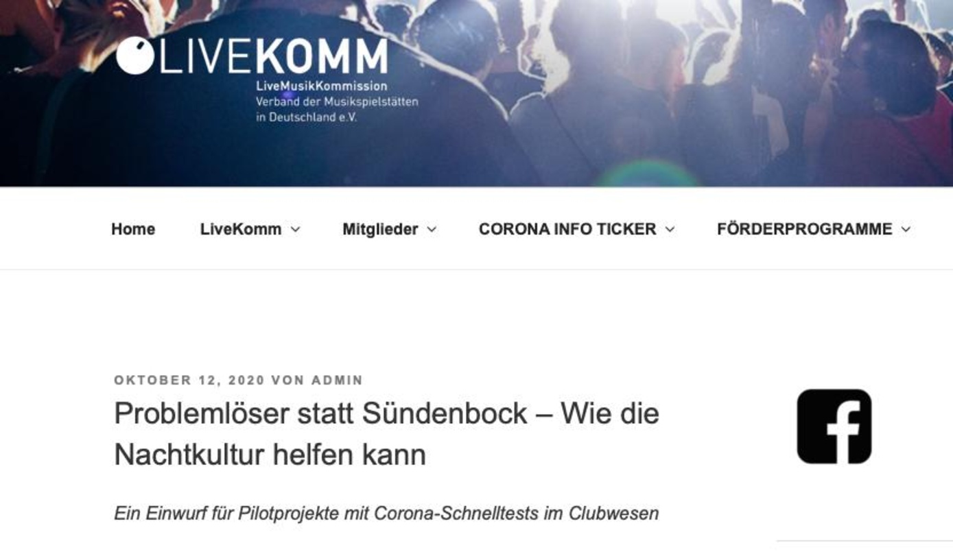 Einwurf aus dem Liebreich: unter dem Motto "Problemlöser statt Sündenbock" will die LiveKomm ein Pilotprojekt mit Corona-Schnelltests im Clubwesen anstoßen