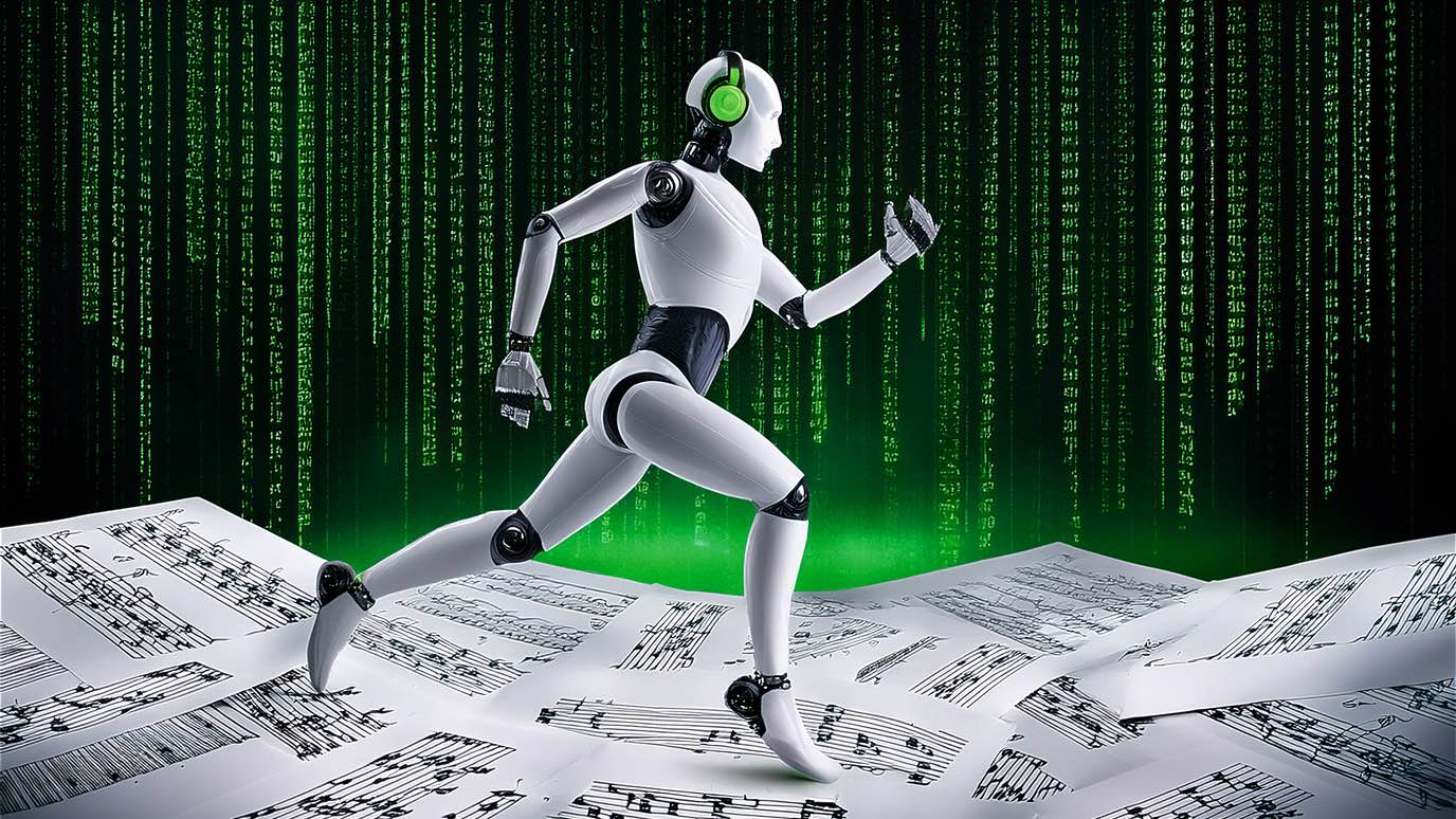 Hey, KI, baue mir ein Bild mit Roboter, Kopfhörer und Notenblättern: bei MusikWoche kommt hier eine künstlich generierte Darstellung zum Einsatz, auch wenn das Notenbild auf den ersten Bli...