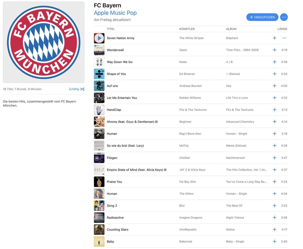 Viele etablierte Stars und Spitzenreiter, wenig heimischer Nachwuchs: ein Screenshot der ersten Team-Playlist aus der Zusammenarbeit zwischen Apple Music und dem FC Bayern München