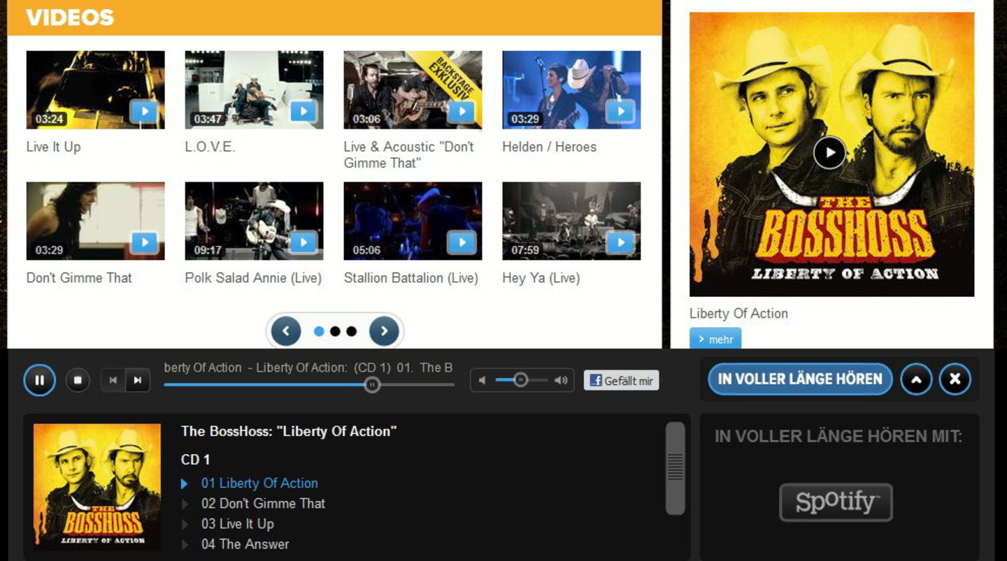 Bereits angeschlossen: Auf der Künstlerseite von The BossHoss können Spotify-Nutzer deren aktuelles Album bereits hören