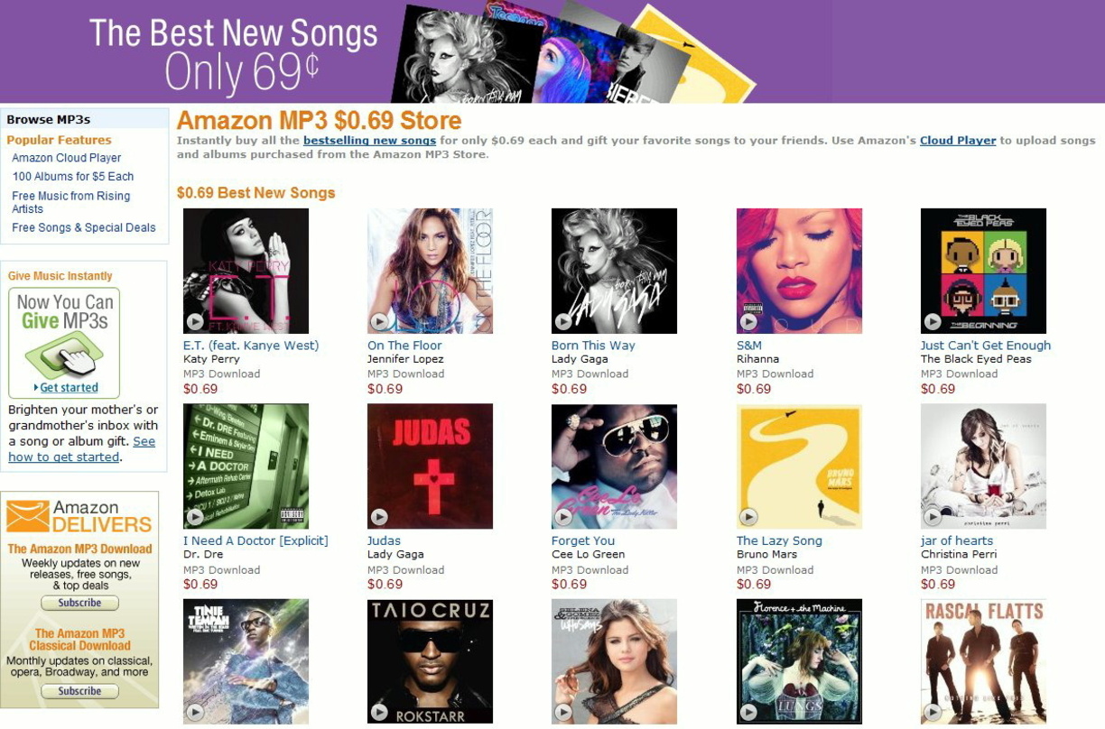 Lockvögel: Katy Perry, Jennifer Lopez, Lady GaGa und Rihanna stehen bei Amazons 0,69-Dollar-Angeboten ganz vorn