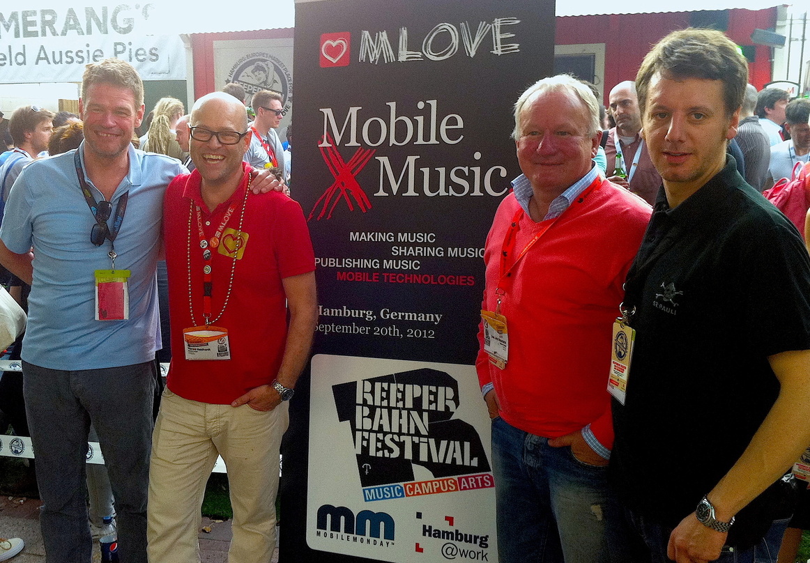 Traten in Austin vor die Kameras: die neuen Partner (v.l.n.r.) Alexander Schulz (Reeperbahn Festival), Harald Neidhardt (MLove), Uwe Jens Neumann (Hamburg@work e.V.) und Detlef Schwarte (R...