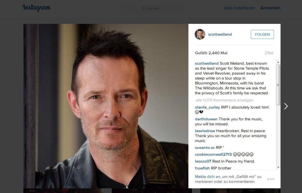 Bestätigung via Instagram: Scott Weiland, langjähriger Sänger der Stone Temple Pilots und von Velvet Revolver, starb im Alter von 48 Jahren im Tourbus