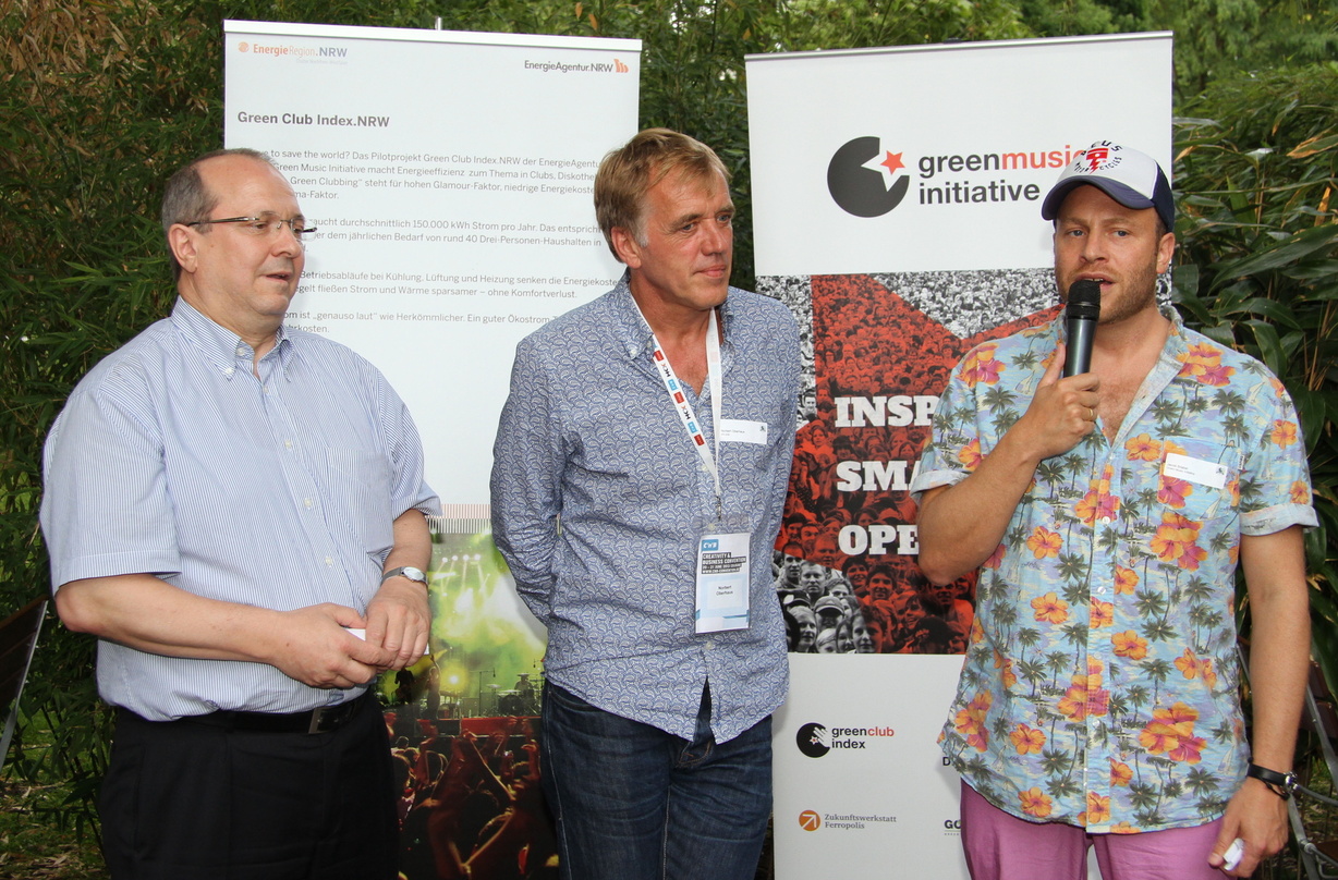 Läuteten das Green Music BBQ ein (von links): Lothar Schneider (EnergieAgentur.NRW), Norbert Oberhaus (c/o pop) und Jacob Bilabel (Green Music Initiative)