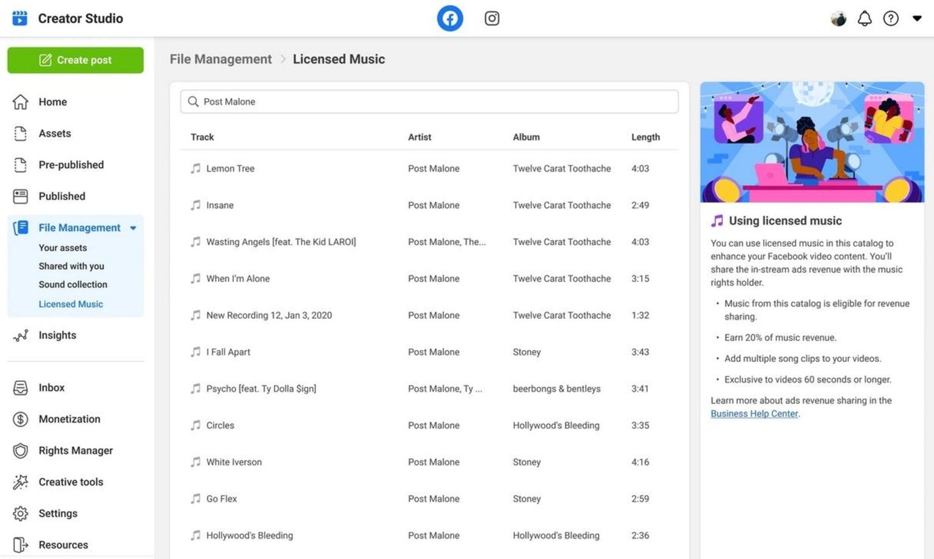 Songs von Acts wie Post Malone gehören bereits mit zum geklärten Katalog: Blick in den Rights Manager genannten Werkzeugkasten des neuen Facebook-Programms Music Revenue Sharing