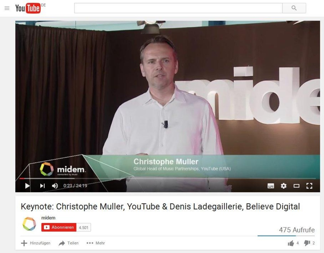 Weist die Kritik der Musikwirtschaft zurück: YouTube-Manager Christophe Muller, hier bei seiner Midem-Keynote im Jahr 2015