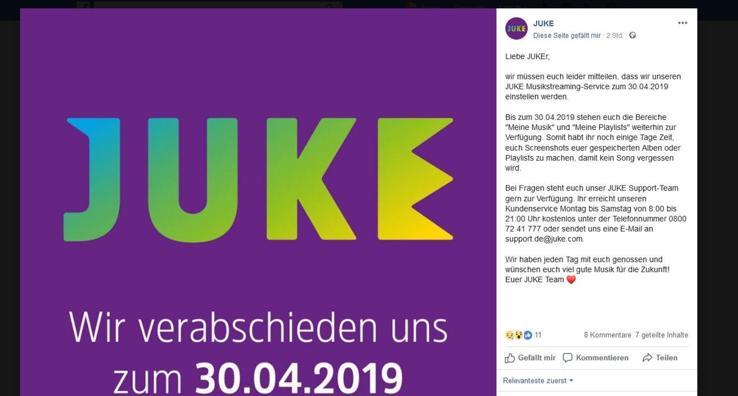 Beendet das Musikangebot Ende April: Juke