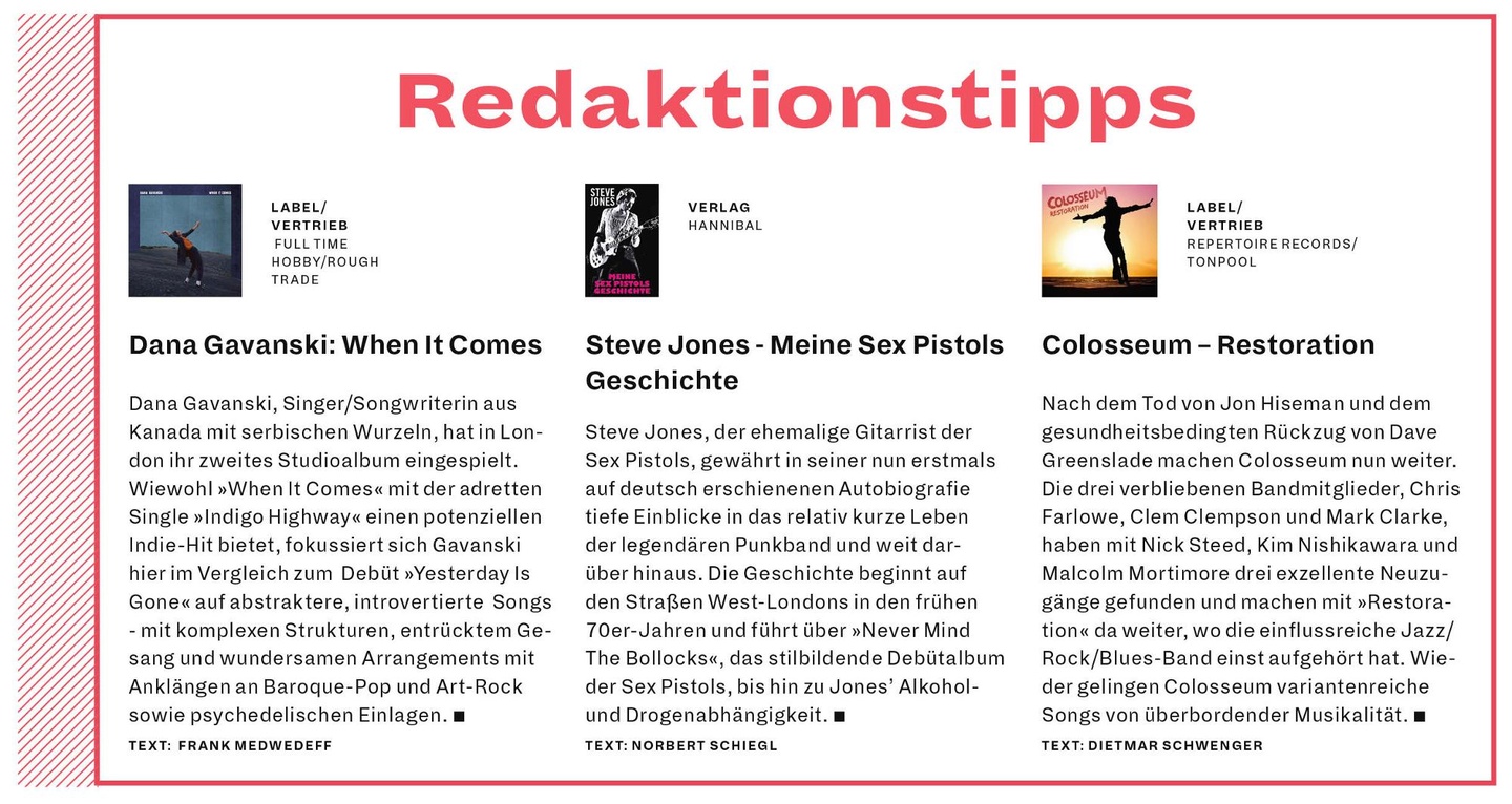 Die Empfehlungen der Redaktion: Dana Gavanski, Steve Jones, Colosseum