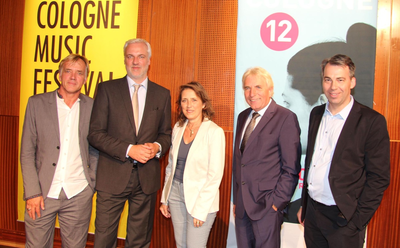 Bei der Eröffnung von c/o pop und SoundTrack_Cologne am 19. August im kleinen Sendesaal des WDR (von links): Norbert Oberhaus, Garrelt Duin, Petra Müller, Jürgen Roters und Michael P. Aust