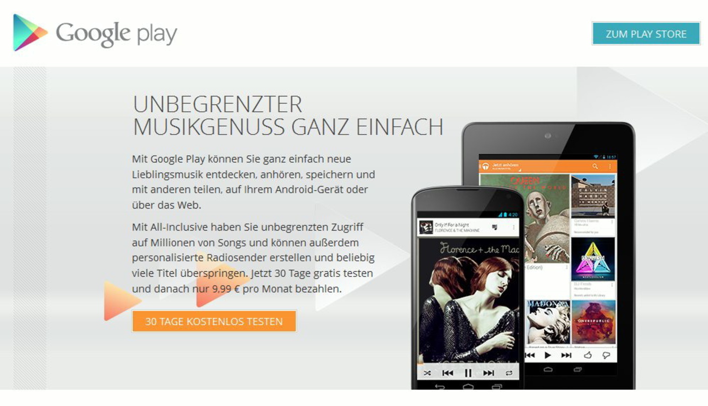 Nach der Einigung mit der GEMA nun auch in Deutschland am Netz: Das Google-Musikabo Play Music All Access