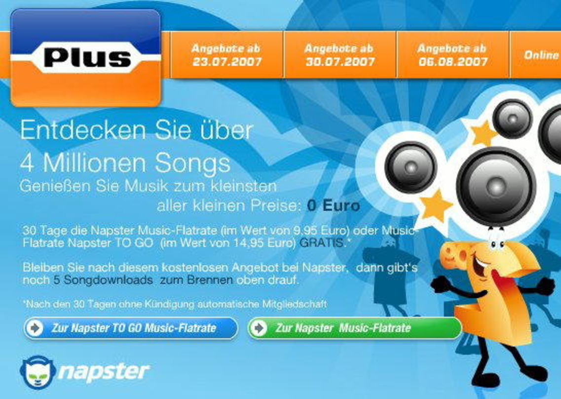 Da tanzt der kleine Preis: Plus-Werbemännchen mit Napster-Angebot
