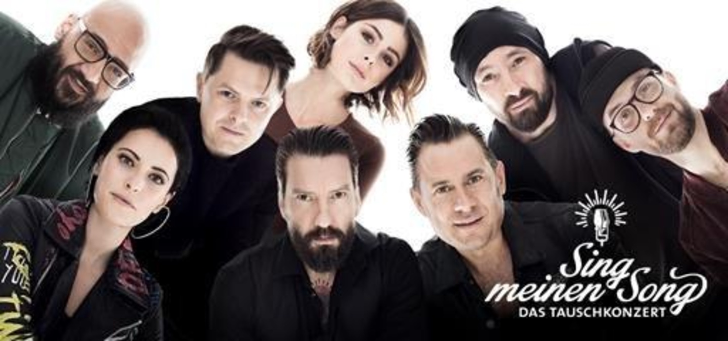 Die Tauschkonzert-Protagonisten 2017 (von links): Moses Pelham, Stefanie Kloß, Michael Patrick Kelly, Lena Meyer-Landrut, Alec Völkel, Sascha Vollmer, Gentleman und Mark Forster