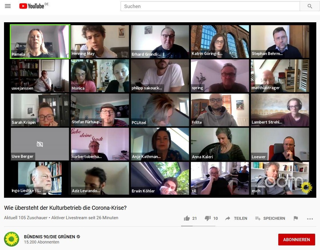Sprachen in einer öffentlichen Videokonferenz: Erhard Grundl (oben, dritter von links) und Katrin Göring-Eckhardt (vierte von links) von Bündnis90-Die Grünen mit Gästen und Teilnehmern