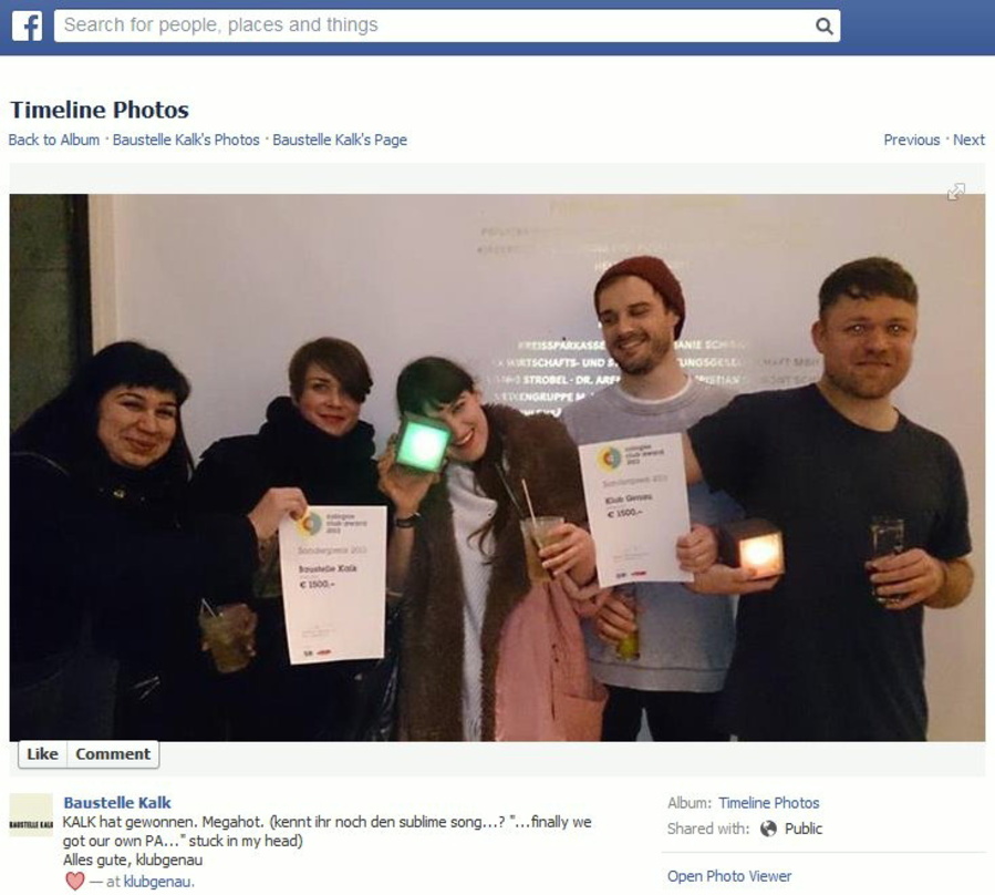 Feiern ihren Erfolg im sozialen Netzwerk: Die Teams von Baustelle Kalk und Klub Genau teilen sich bei den ersten cologne club awards Sondpreis für Nachwuchsförderung