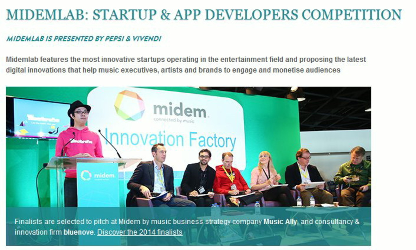 Anfang Februar 2014 wieder Anlaufstelle für Start-ups: der Midemlab-Wettbewerb im Rahmen der Musikmesse Midem in Cannes