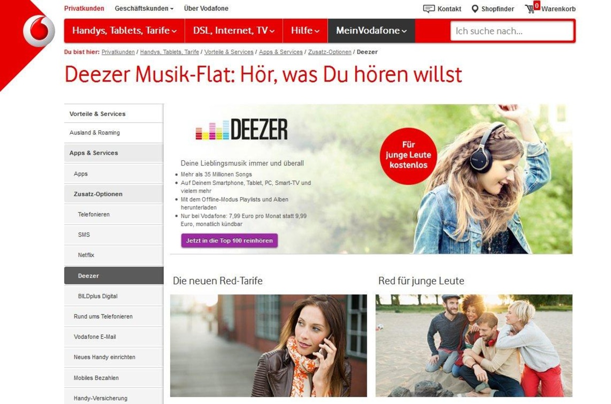 Werbegeschenk mit einem Volumen von fast 240 Euro: Vodafone schnürt für Kunden, die bis Mitte Oktober bestimmte Verträge mit dem Mobilfunker abschließen oder verlängern, das Deezer-Musikab...