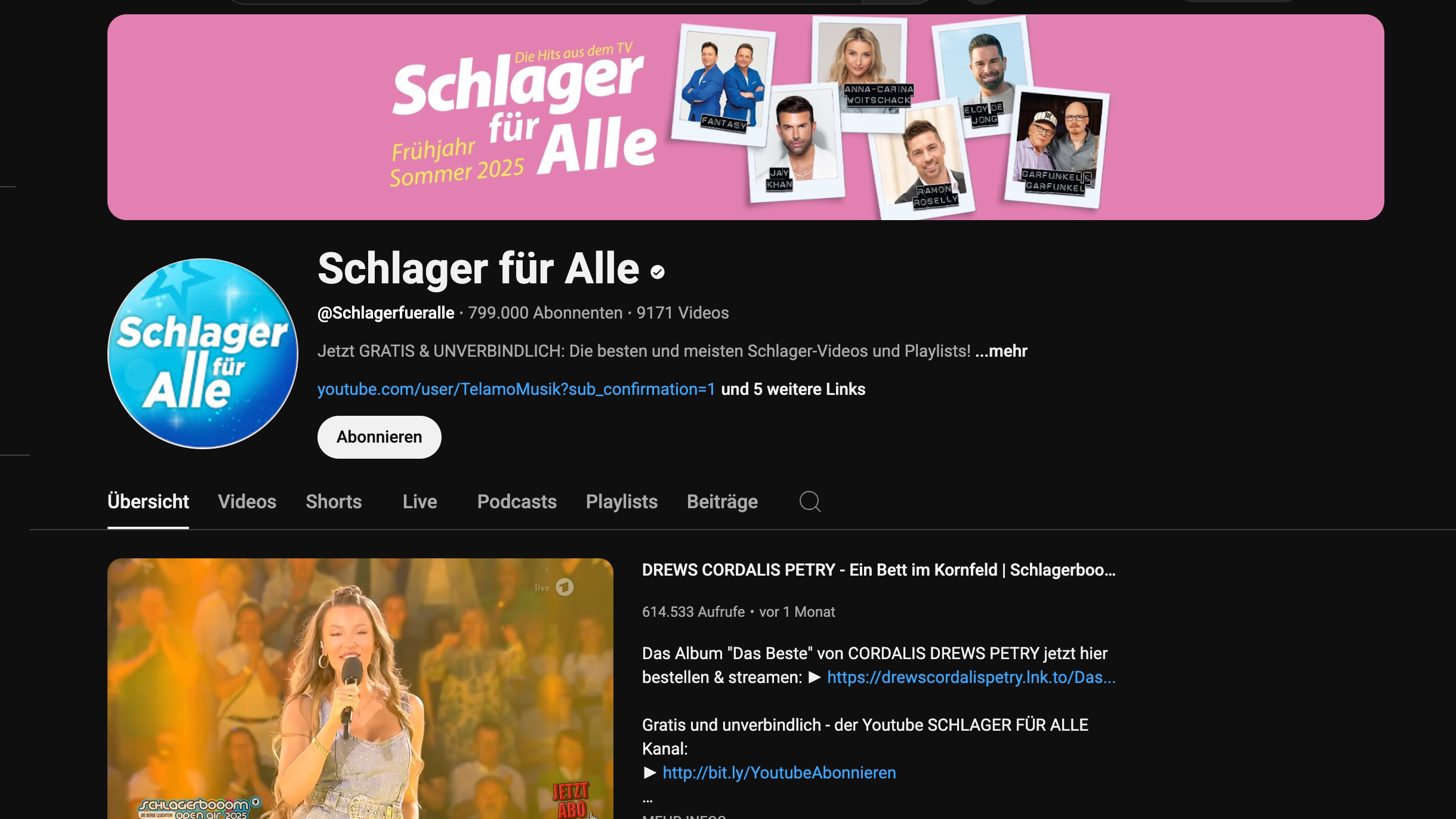 Erreicht auf YouTube rund 799.000 Abonnent:innen: Telamos eigene Plattform "Schlager für Alle".