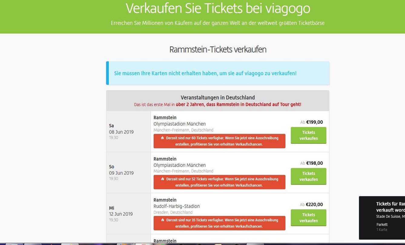 Stein des Anstoßes: das Internetportal Viagogo, hier mit aktuellen Angeboten für Karten von Rammstein