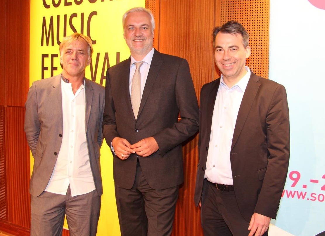 Suchen auch 2016 wieder den Schulterschluss (von links): Norbert Oberhaus (c/o pop), NRW-Wirtschaftsminister Garrelt Duin und Michael Aust (SoundTrack_Cologne)