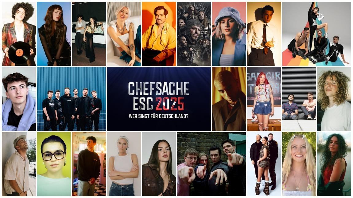 Die Teilnehmer von "Chefsache ESC 2025": (Oben, von links): Benjamin Braatz, Julika, Abor & Tynna, Fannie, Moss Kena, Feuerschwanz, Leonora, Noah Levi und Cosby. (Mitte, von links): Jonath...