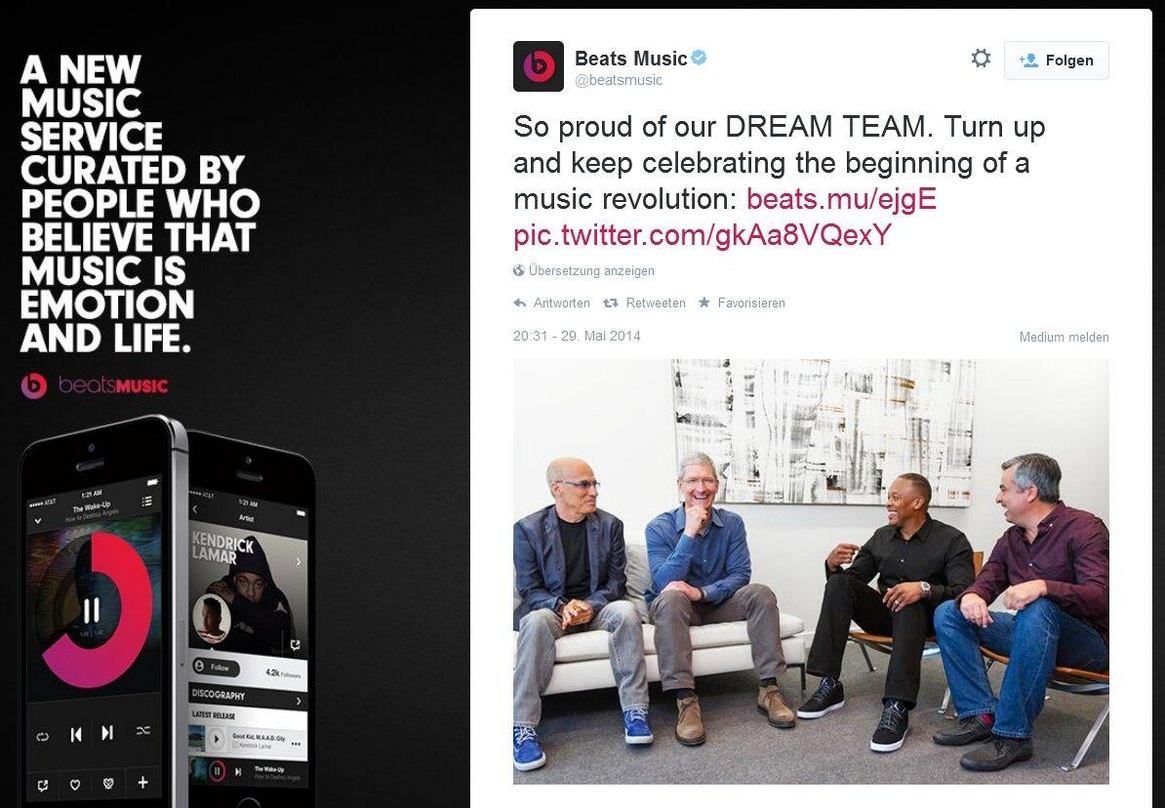 Neue Partner (von links): Beats-Mitbegründer Jimmy Iovine, Apple-CEO Tim Cook, Dr. Dre (Beats) und Eddy Cue, der bei Apple unter anderem das iTunes-Geschäft verantwortet