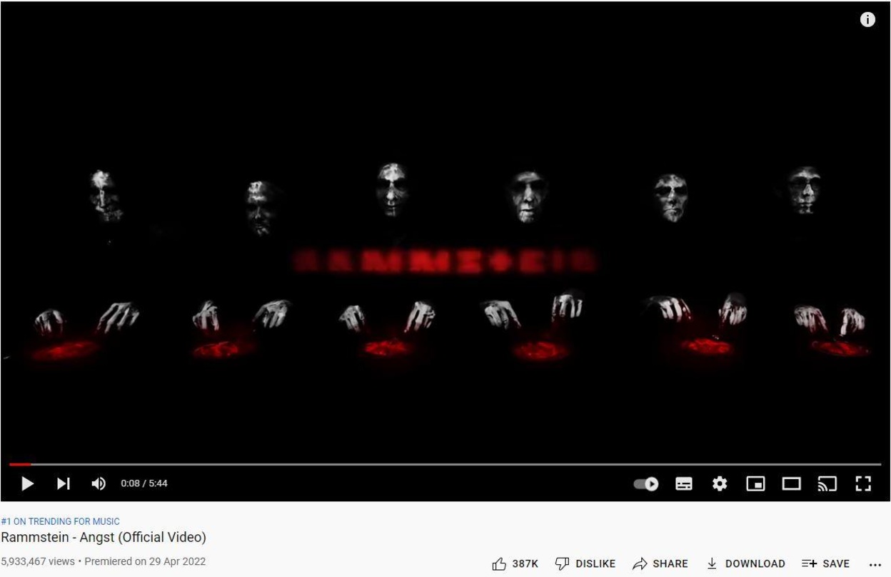 Rammstein landen am Wochenende mit ihren Video zum Song "Angst" souverän auf Platz eins der deutschen YouTube-Musik-Trendcharts