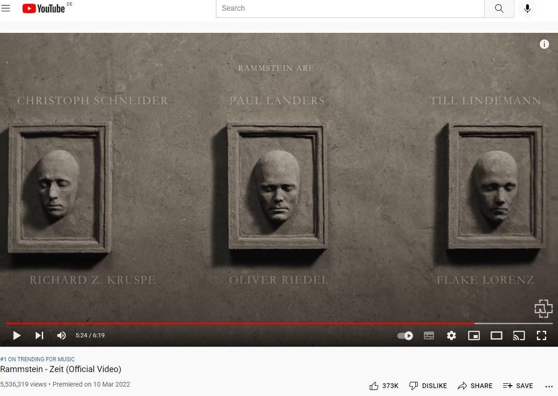 Rammstein setzten sich mit ihrem Video zum Song "Zeit" am Wochenende an die Spitze der deutschen YouTube-Musik-Trendcharts