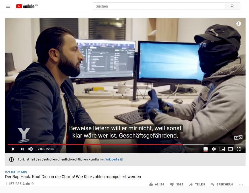Handfeste Beweise für Manipulationen der deutschen Charts über gekaufte Streamingabrufe bei Spotify liefert die Reportage "Der Rap Hack" zunächst nicht: hier der maskierte Informant mit Re...