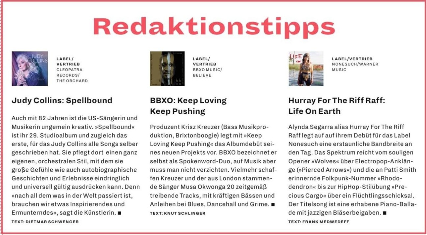 Die Empfehlungen der Redaktion: Judy Collins, BBXO und Hurray For The Riff Raff