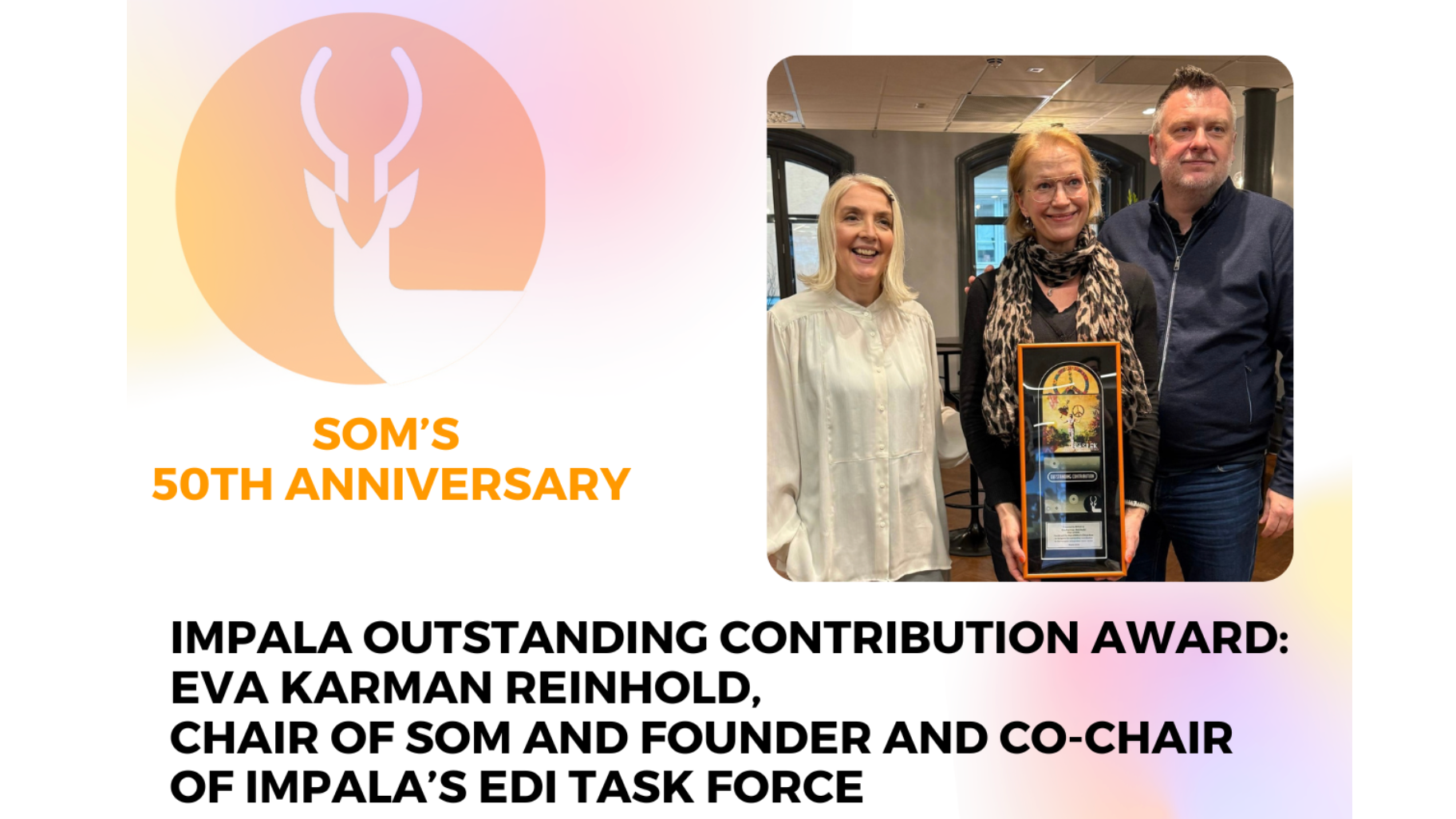 Bei der Verleihung des Outstanding Contribution Award des Impala-Verbands (von links): Impala-Geschäftsführerin Helen Smith, die frisch geehrte Eva Karman Reinhold (SOM) und Dario Draštata...