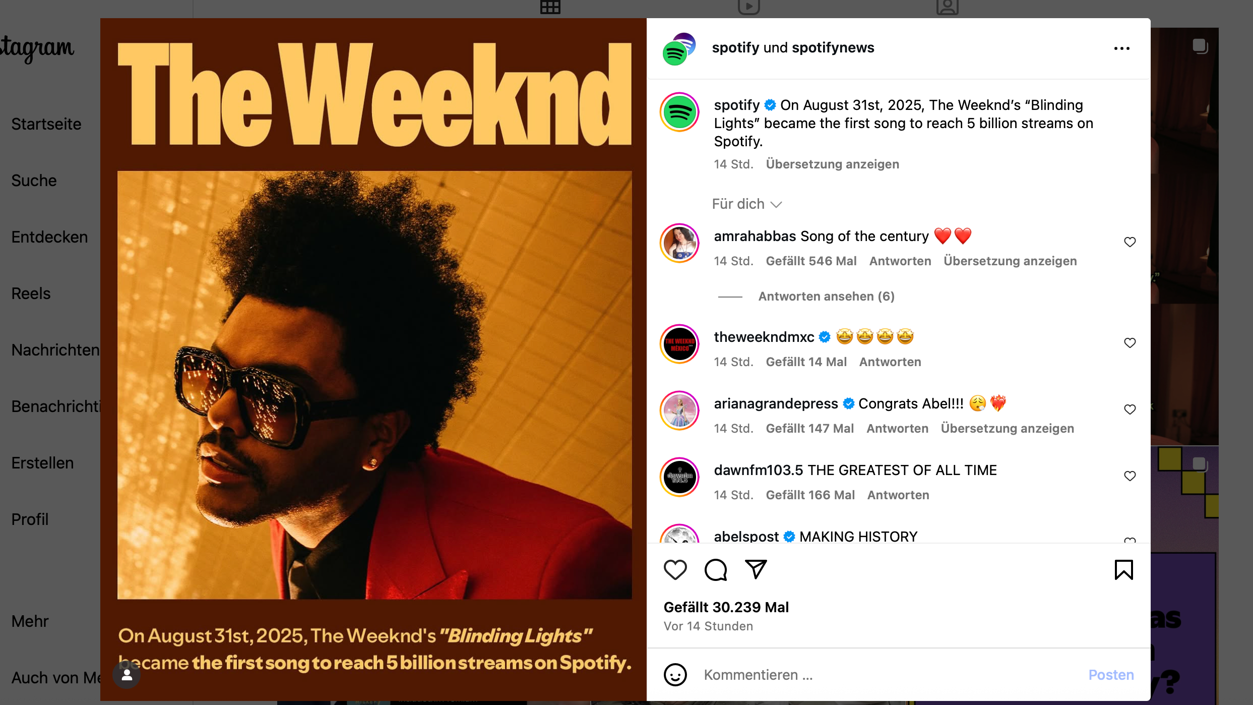 Neue Rekordmarke: "Blinding Lights" von The Weeknd erreichte am 31. August 2025 als erster Song auf Spotify die Marke von fünf Milliarden Streamingabrufen.