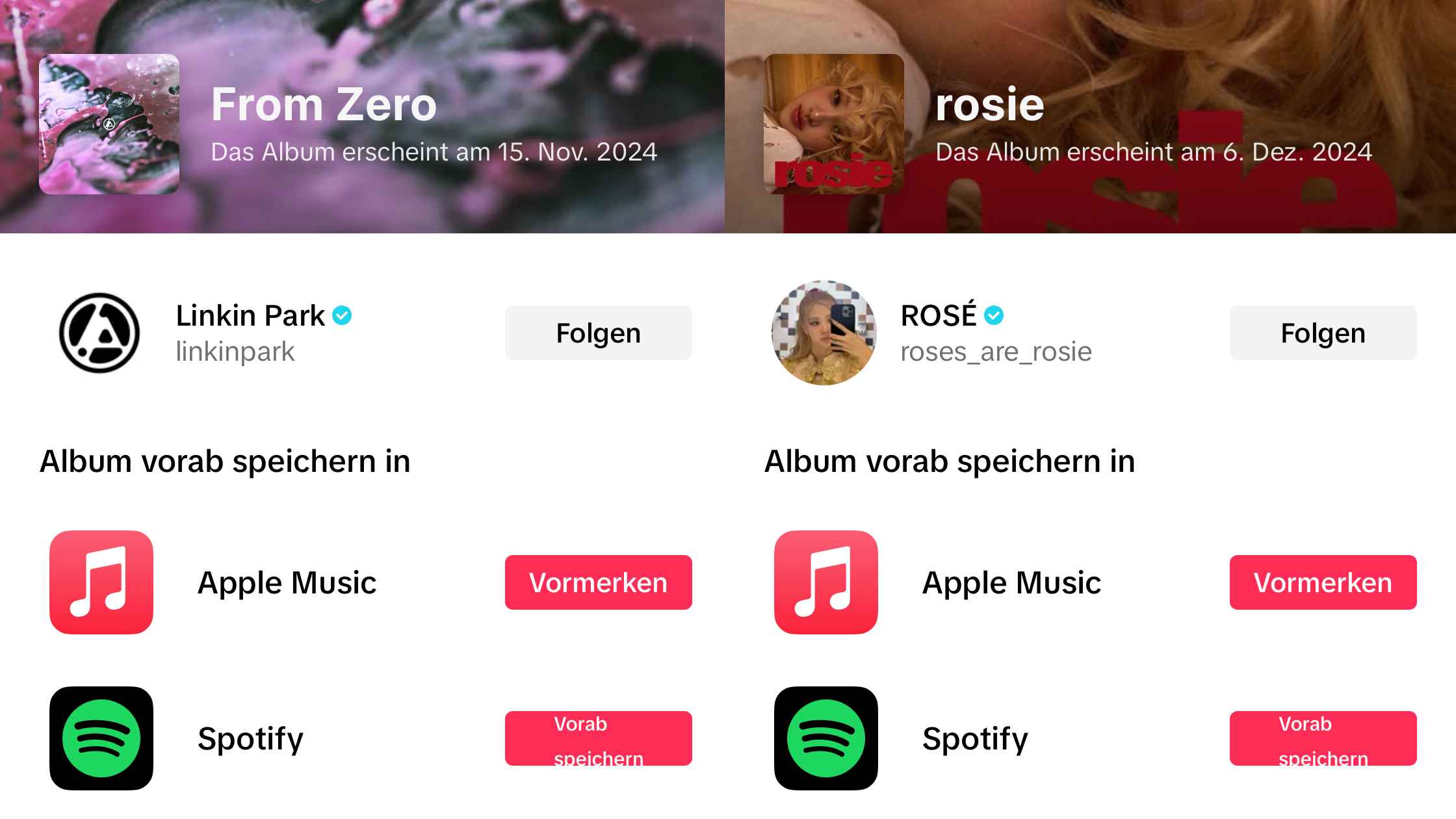 Bieten ihre Alben über TikTok zum Pre-Save an: Linkin Park und Rosé.