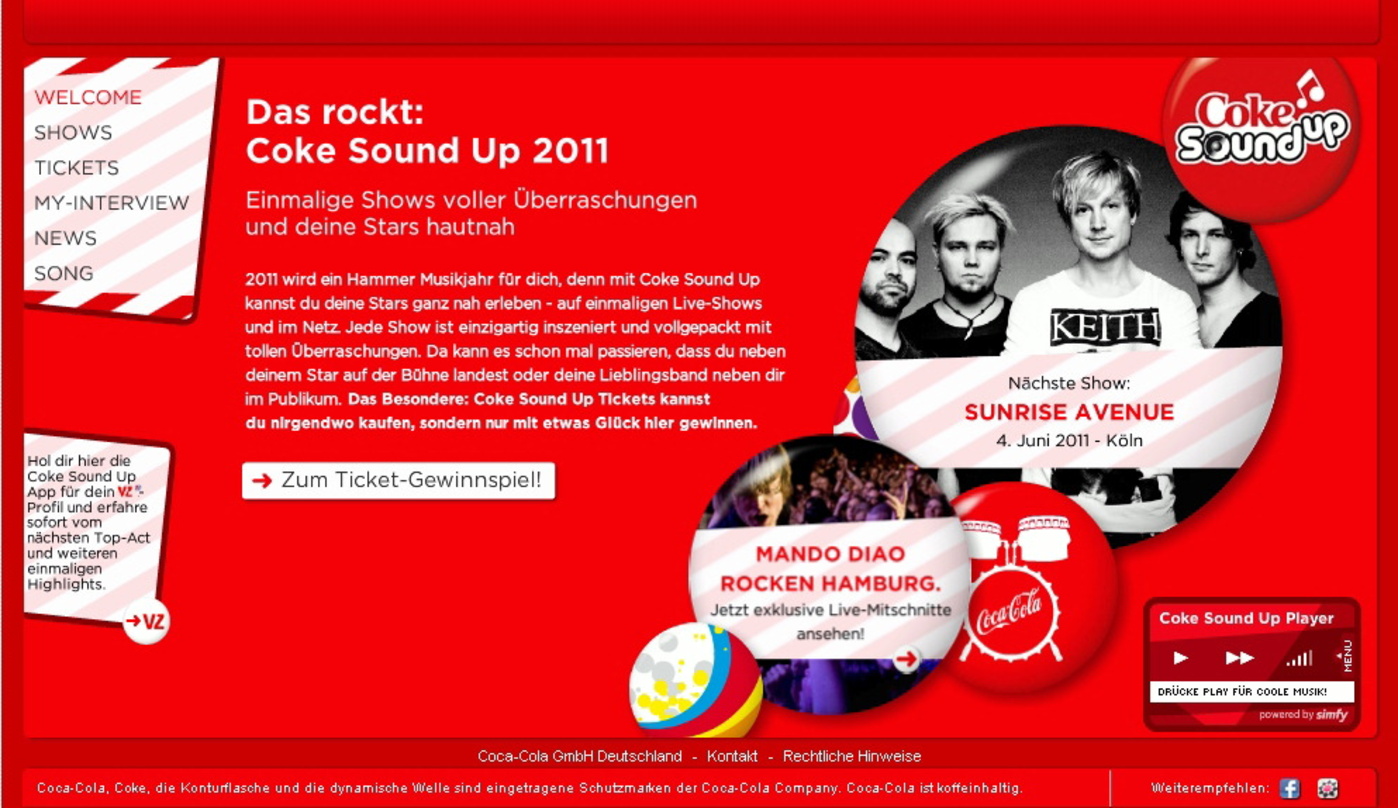 Wird künftig von Simfy beschallt: Die Website zur Coca-Cola-Kampagne "Sound Up 2011"